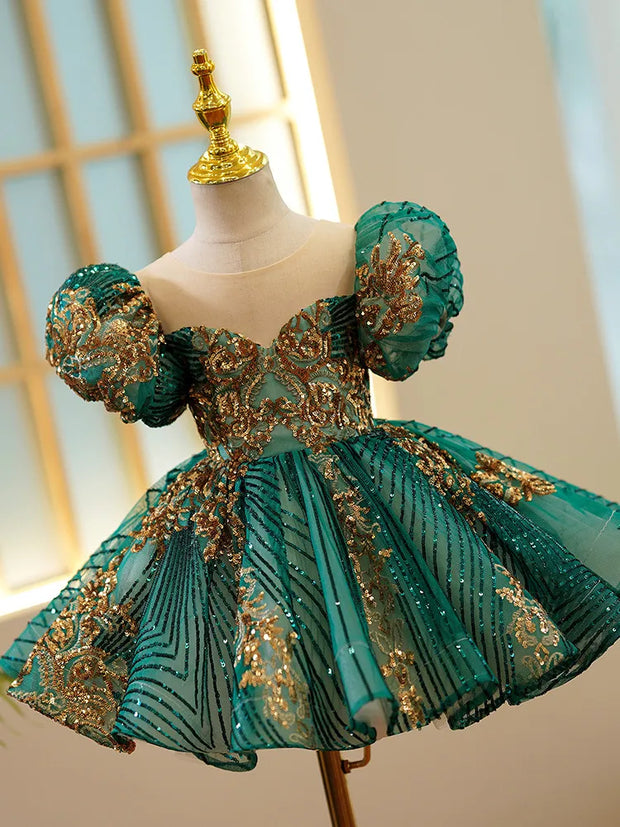Girls' Luxury Green Gold Party Dresses