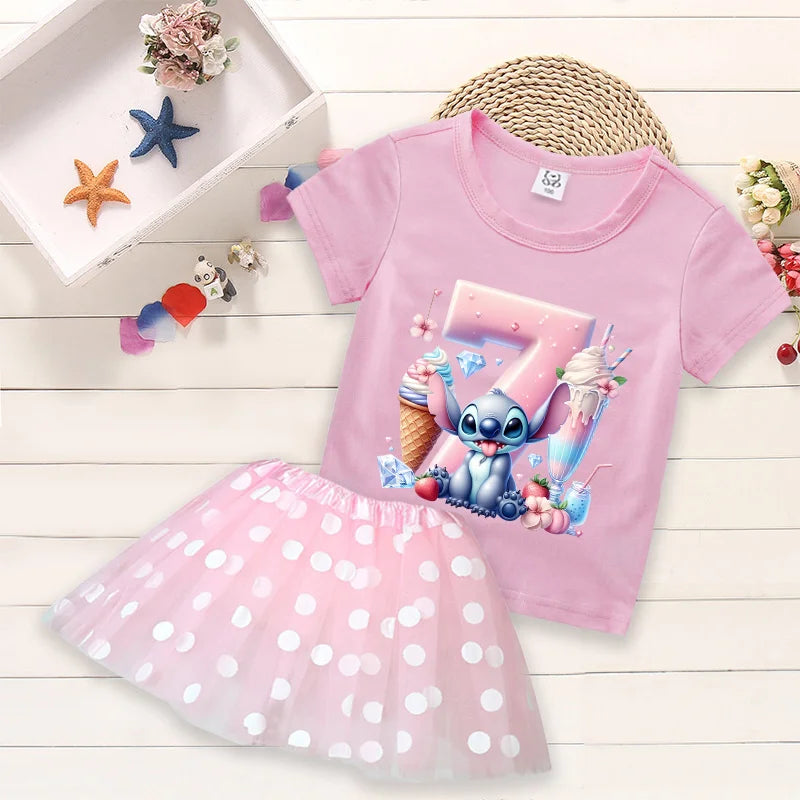 Kid's 2 Pcs Cartoon Number Print Round Neck T-shirt Dress