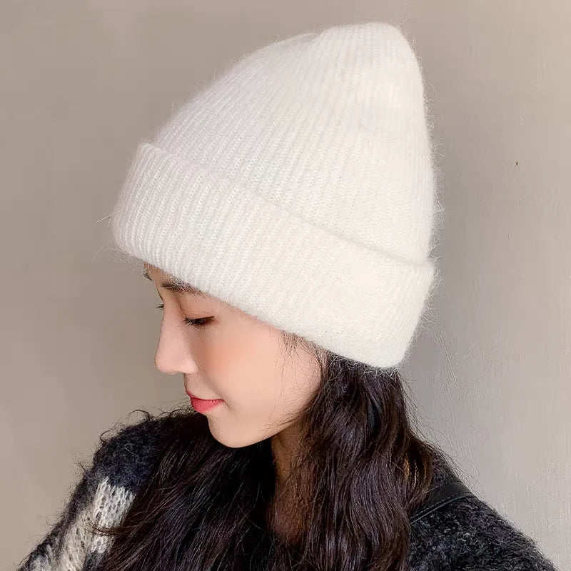 Women's Winter Knitted Beanie - Warm Cashmere Wool & Rabbit Fur Ski Hat