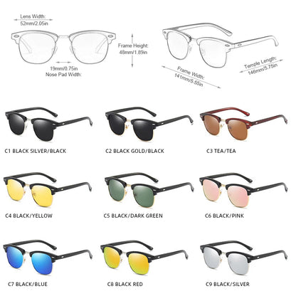 Halbrahmen-Sonnenbrille, polarisiert, Retro-Nieten-Design, schwarze Blendschutz-Sonnenbrille für Männer und Frauen