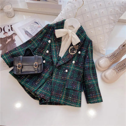 Girls' Plaid Blazer and Shorts Set