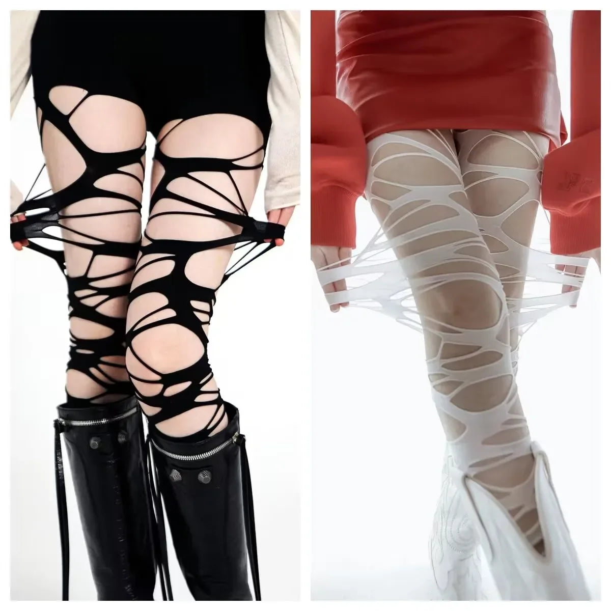 Gothic Spider Web Tights - Torn Punk Lolita Style