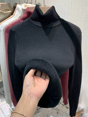 Velvet-Lined Turtleneck Winter Sweater