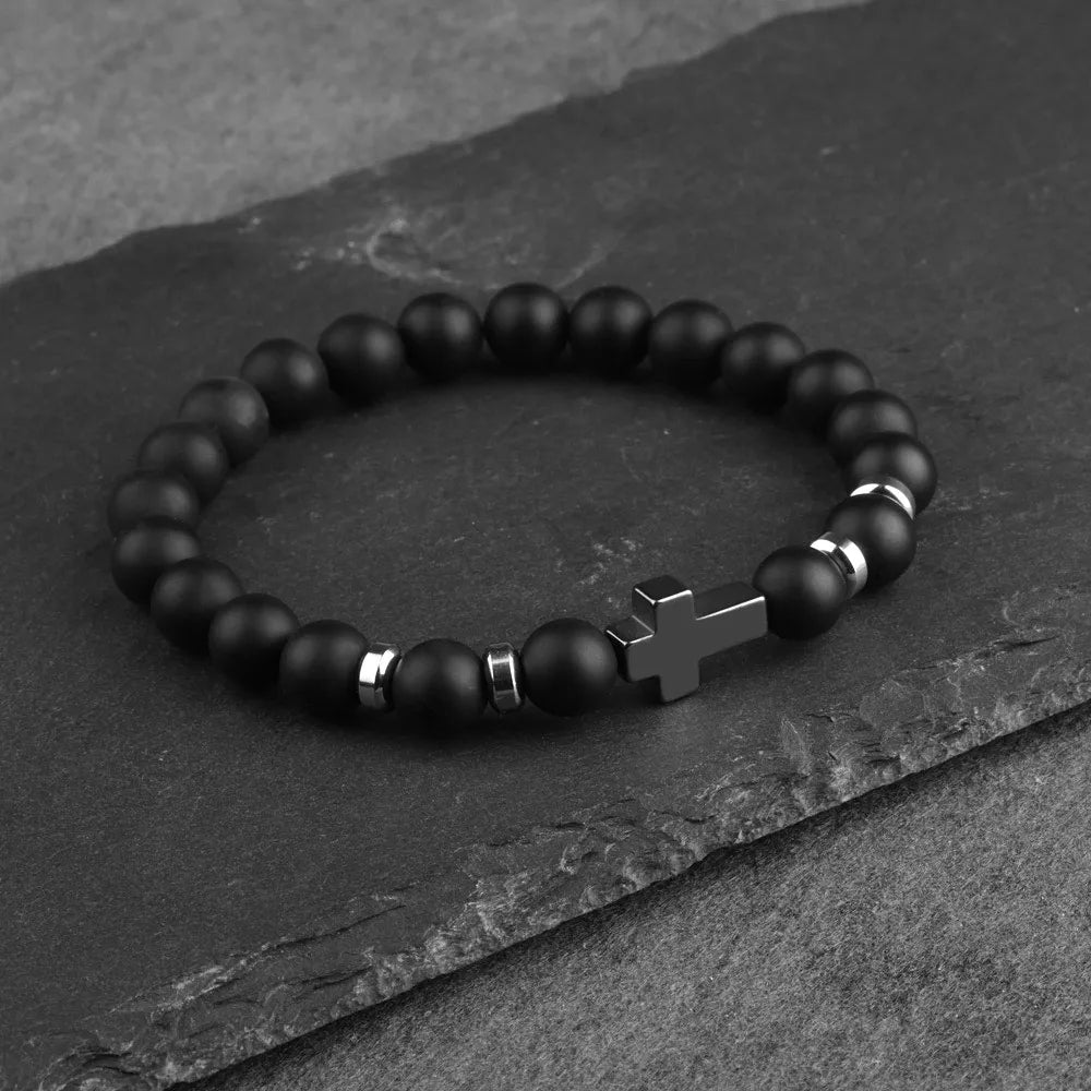 Steel Cross Bracelet with Lava Bead Charm