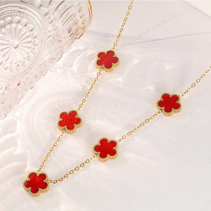 Collier Fleur Plaqué Or 14K - Pendentif Trèfle Double Face