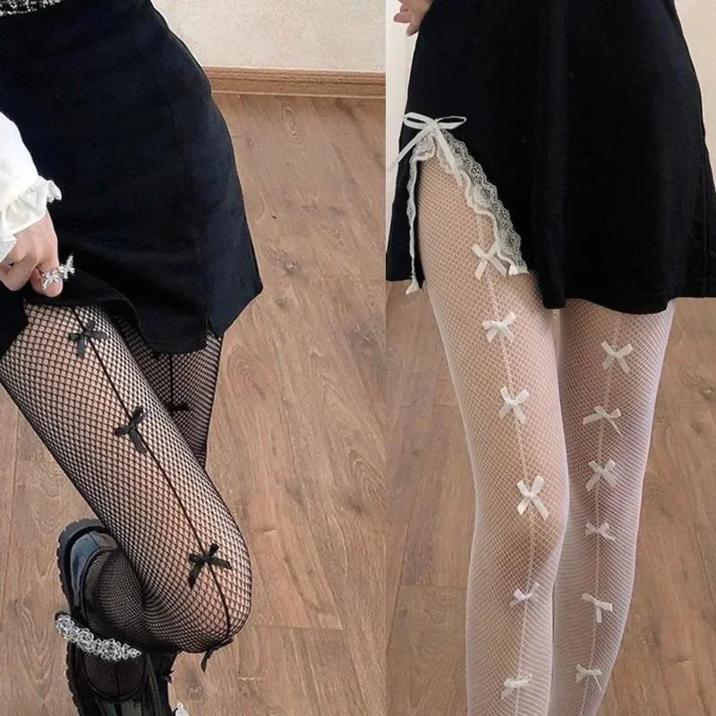 Hollow-Out Fishnet Pantyhose - Bow-Knot