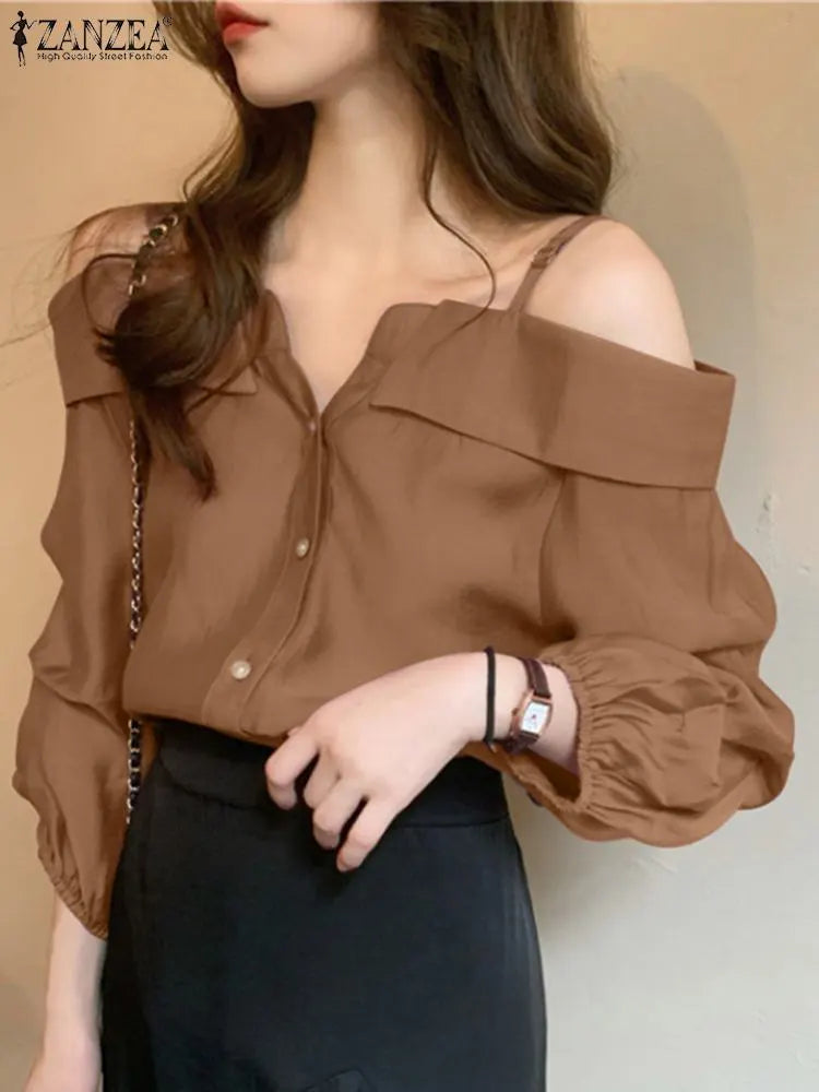 Sexy Casual Tops with Button Straps - Off-Shoulder Blouse