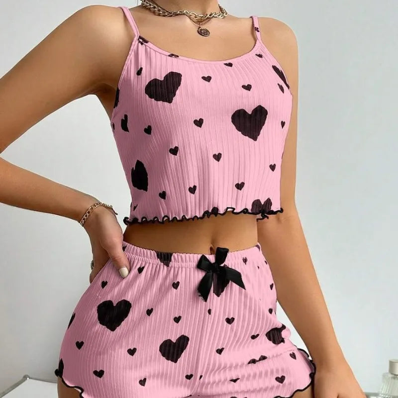 Knitted Love Printed Sweet Strap Women's Pajamas Set
