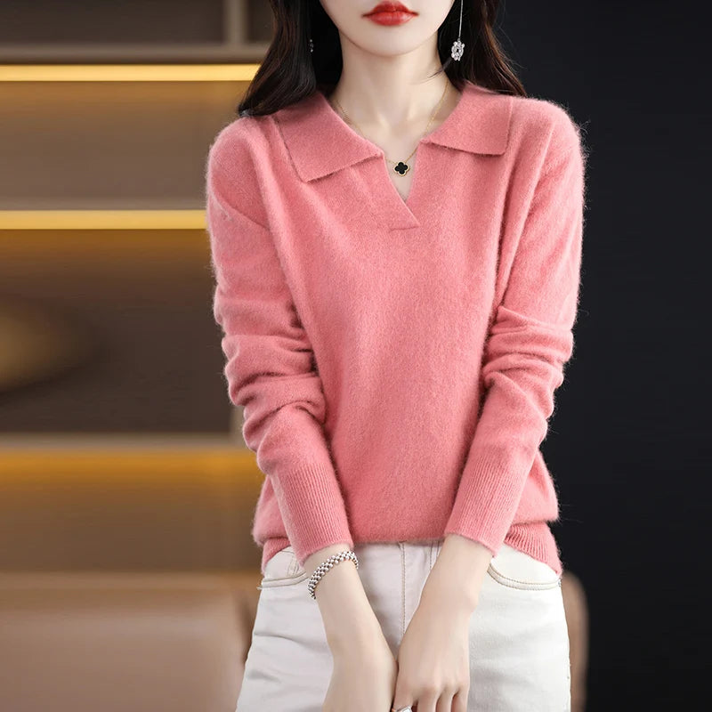 Pulls polo tricotés à manches longues en pur vison et cachemire pour femmes