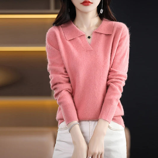 Women's Long sleeve Pure Mink Cashmere Knitted Polo Sweaters