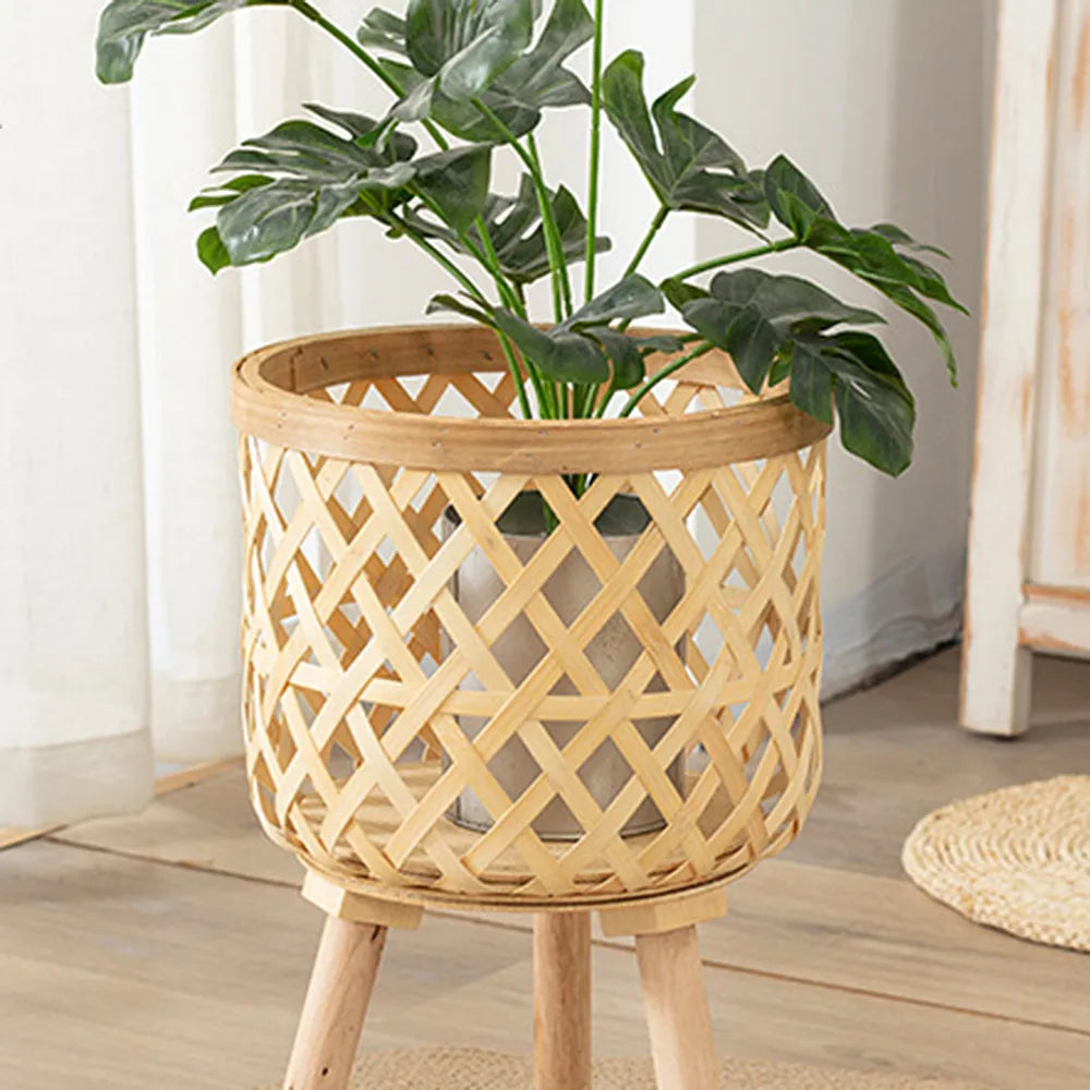 Bamboo Plant Stand with Handwoven Flower Pot