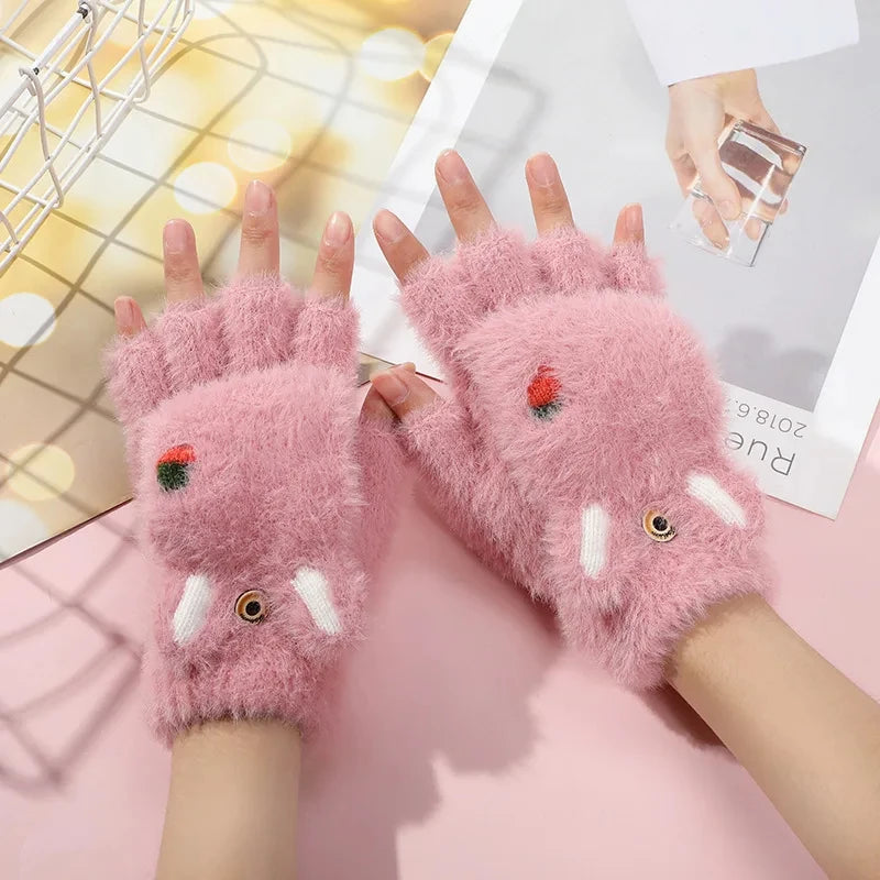 Mitaines en peluche pour femmes - Gants demi-doigts en fourrure de lapin épaisse