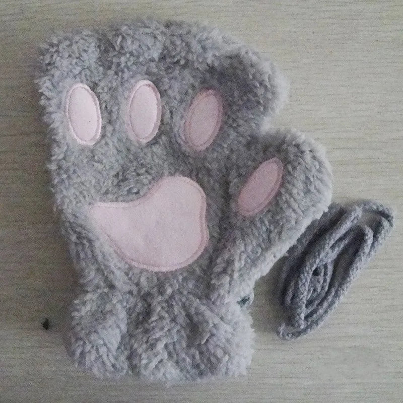 Cute Cat Paw Fingerless Plush Gloves - Warm & Fluffy