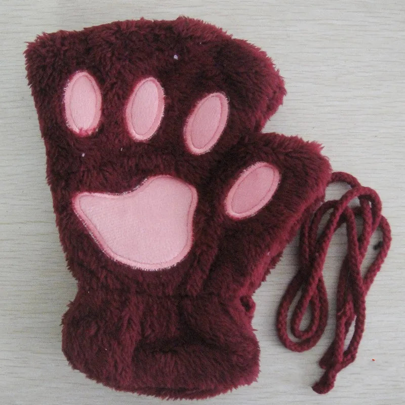 Cute Cat Paw Fingerless Plush Gloves - Warm & Fluffy