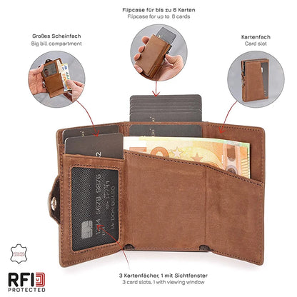 Portefeuille RFID en cuir véritable avec étui à cartes pop-up