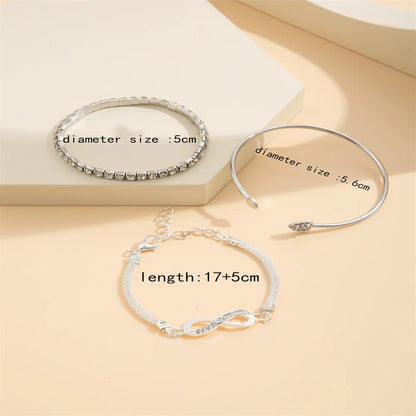 Vintage Set Silver Color Crystal Rhinestone Heart Bracelets for Women Fashion Geometric Adjustable Infinity Cuff Bangle Jewelry