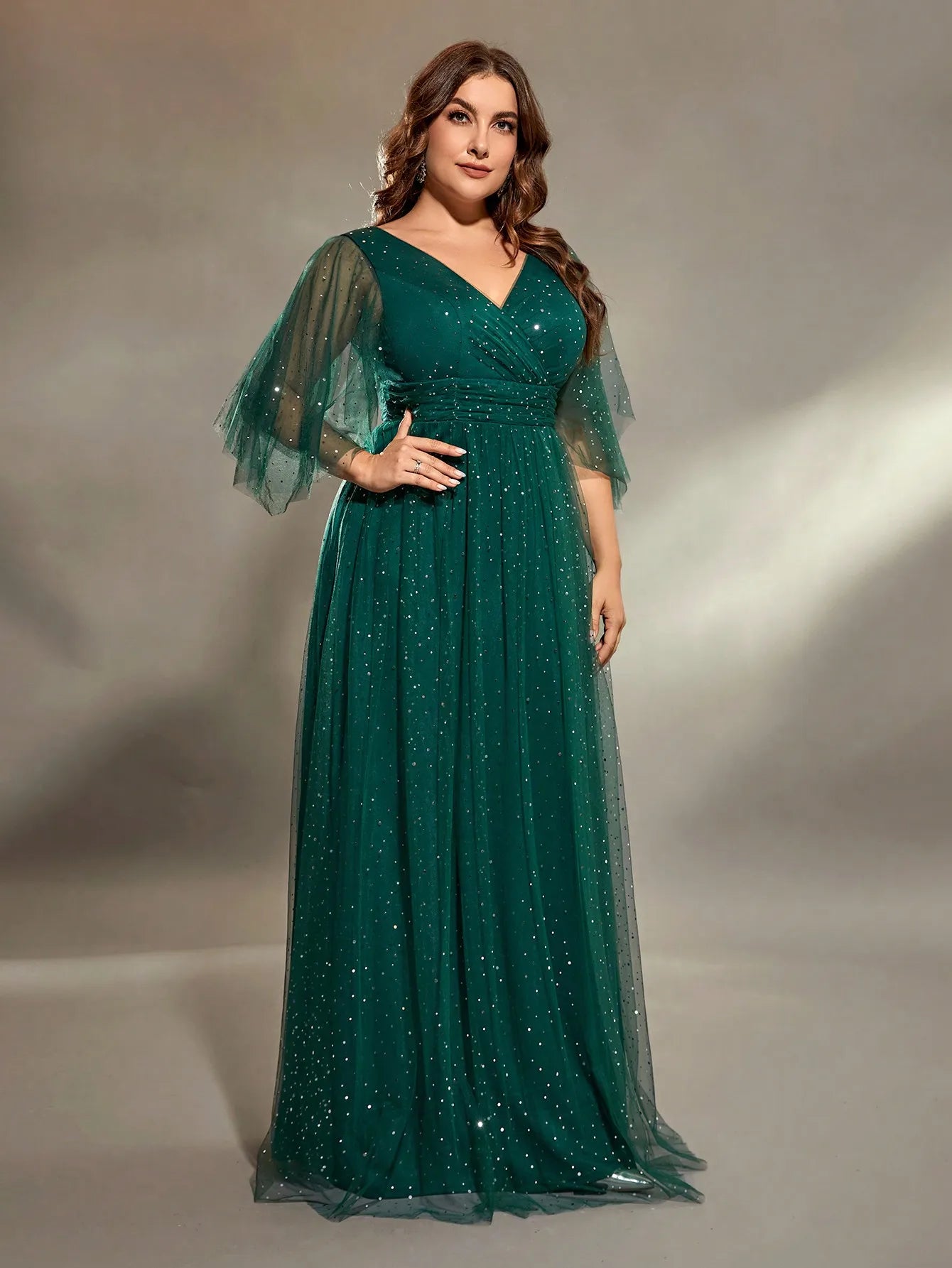 Plus Size V-Neck Pleated Evening Gown - Irregular Full-Sleeve Skirt