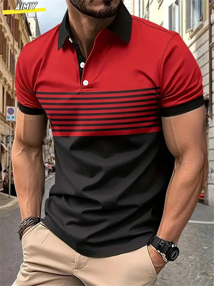 Herren Golf Stripe Poloshirt Lässiges Kurzarm-Poloshirt Einfarbiges Revers Mode Neues Business-Sport-T-Shirt Atmungsaktives Oberteil