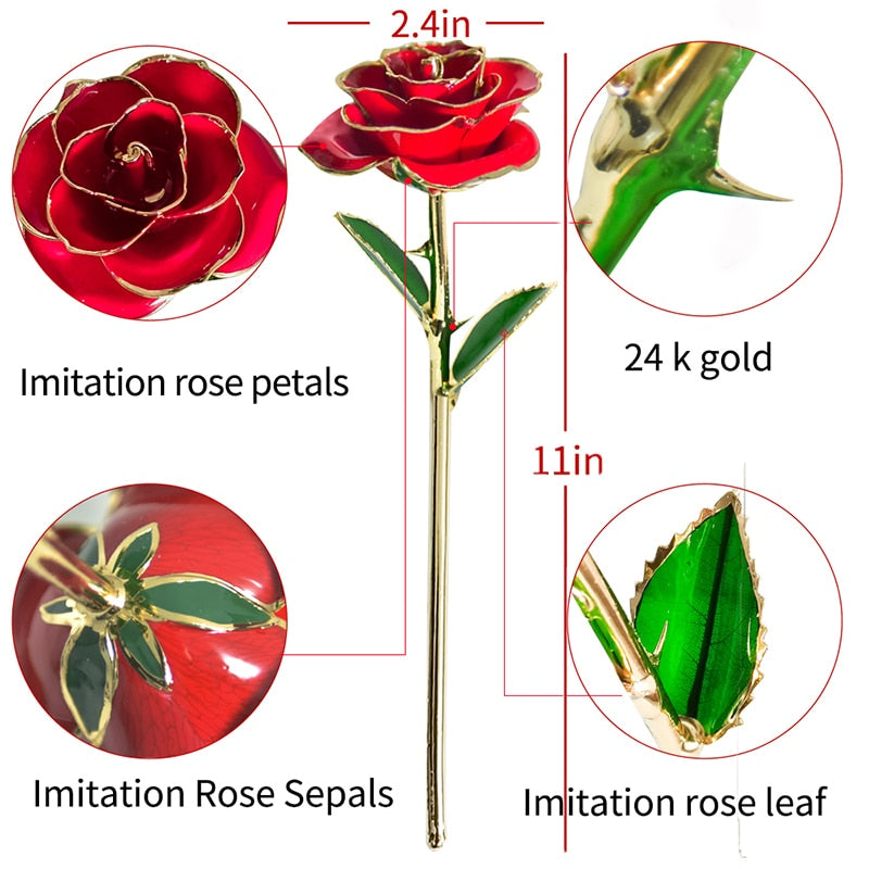 Rose trempée en or 24 carats avec support - Fleur éternelle pour elle