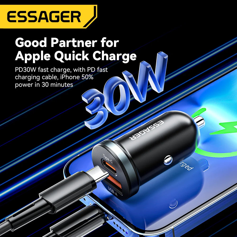 Chargeur de voiture USB C 30 W - Type C PD QC 3.0/SCP 5A Charge rapide