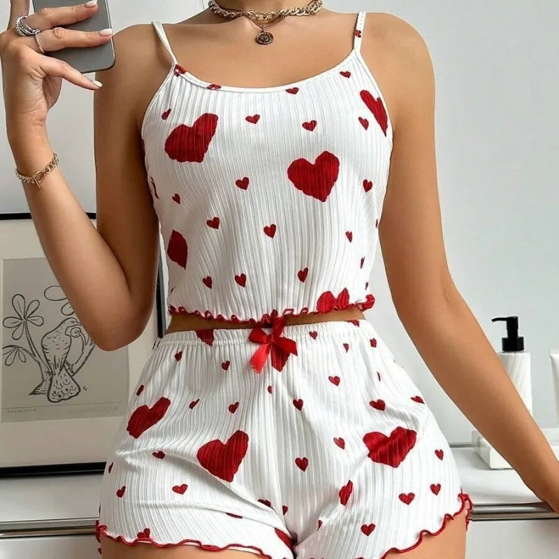 Knitted Love Printed Sweet Strap Women's Pajamas Set