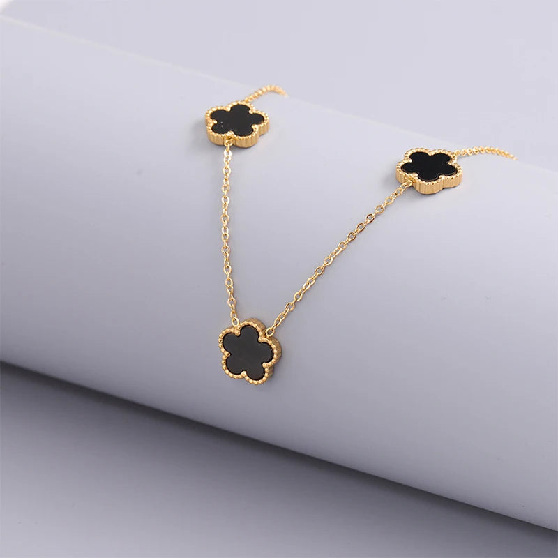 Collier Fleur Plaqué Or 14K - Pendentif Trèfle Double Face