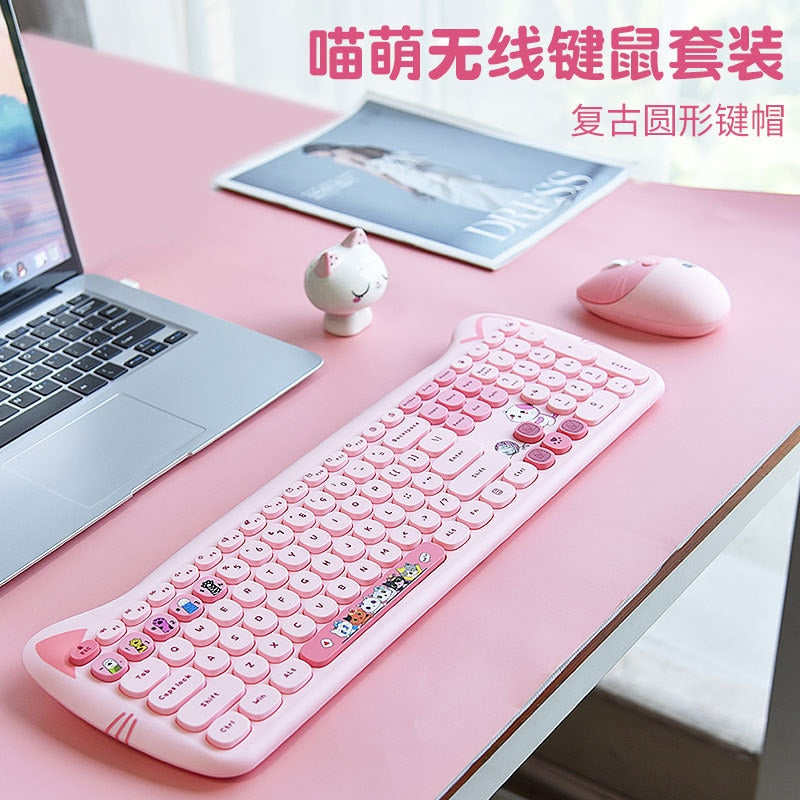 Cute Pink Cartoon Keyboard & Mouse Set