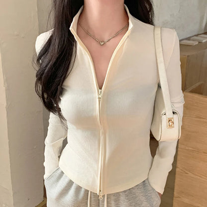 Pull tricoté à manches longues et double fermeture éclair avec col en cuir pour femme 