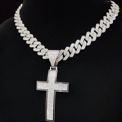 Collier pendentif croix brillante pour hommes et femmes avec chaîne cubaine