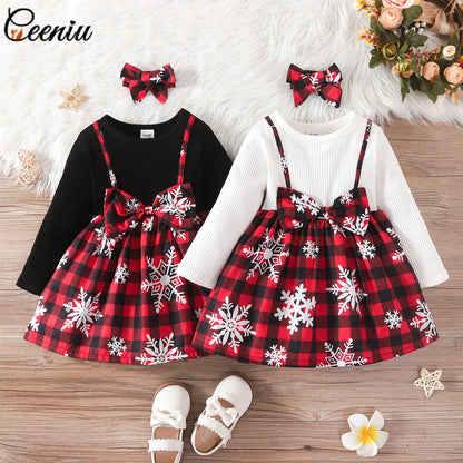 Snowflake Print Two-Piece Bow Baby Girl Dress