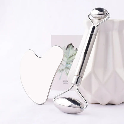 Stainless Steel Facial Roller & Gua Sha Set - Anti-Wrinkle Cooling Massage Tools