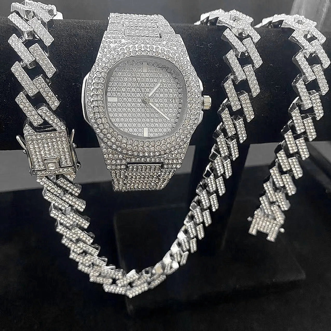 Luxury Iced Out Watch & Bling Jewelry Set