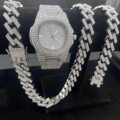 Luxuriöses Iced Out-Uhren- und Bling-Schmuckset