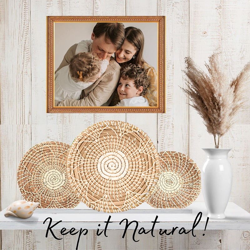 Boho Straw Rattan Hanging Plates - Set of 10