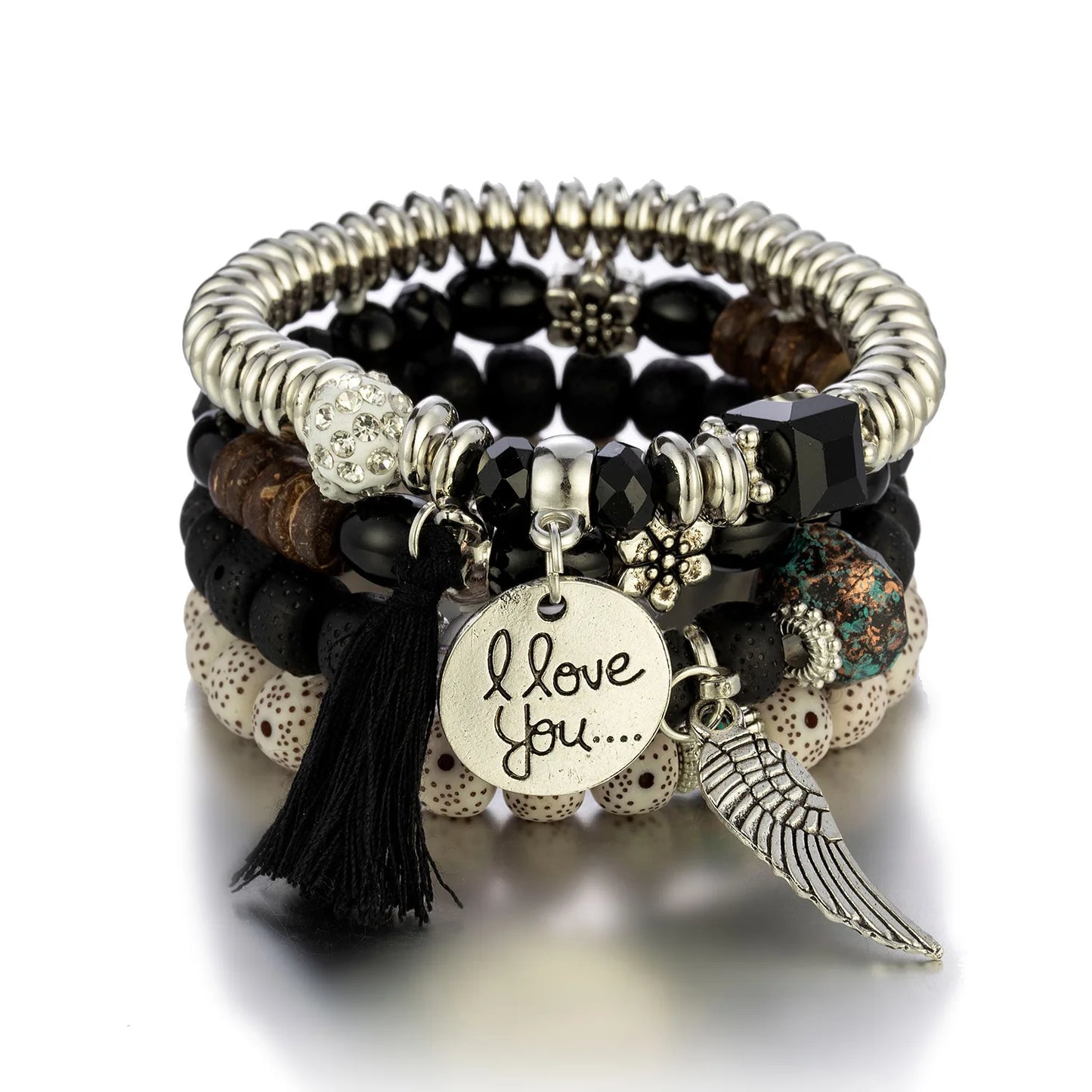 Ensemble de bracelets de perles de pierre à pampilles et plumes pour femmes