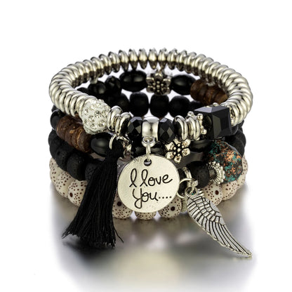 Ensemble de bracelets de perles de pierre à pampilles et plumes pour femmes