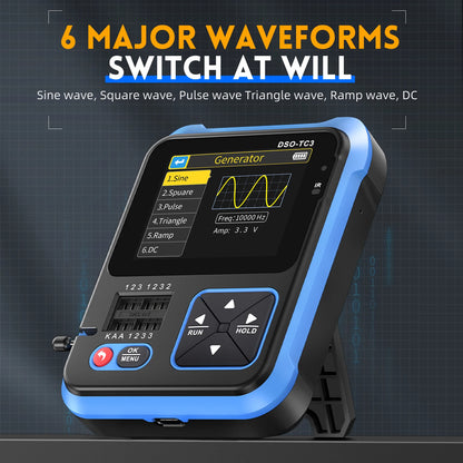 signal generator, digital oscilloscope, transistor tester, function generator, waveform generator, pulse generator, voltage tester, continuity tester