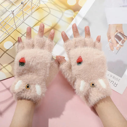Mitaines en peluche pour femmes - Gants demi-doigts en fourrure de lapin épaisse