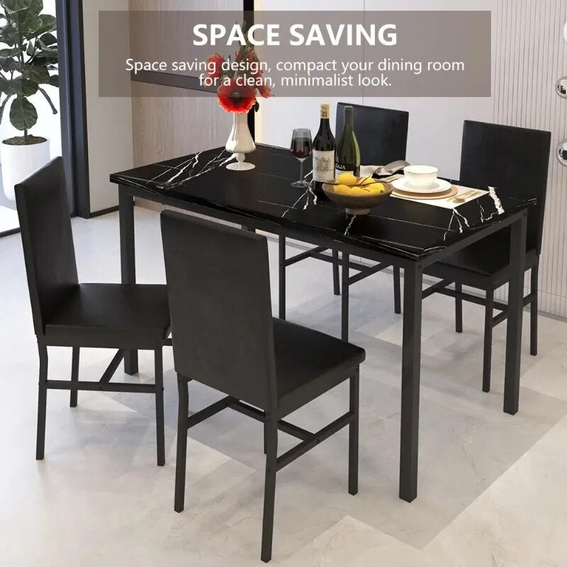 5-Piece Faux Marble Dining Set with 4 PU Chairs