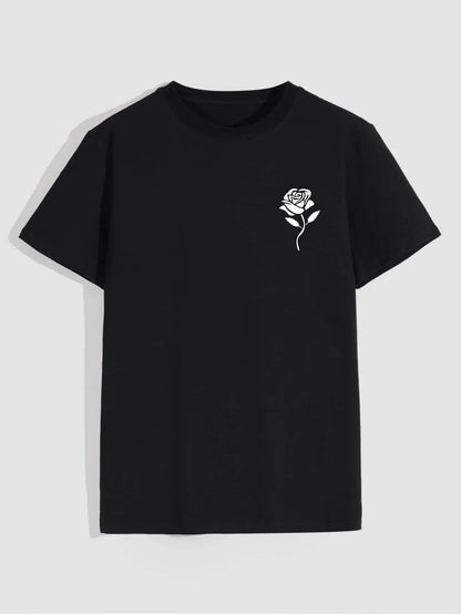 Rose Print T-Shirt - Crew Neck Short-Sleeve T-Shirts