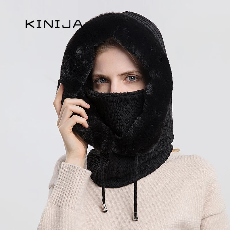 Women's Winter Fur Cap & Mask Set - Knitted Cashmere Balaclava