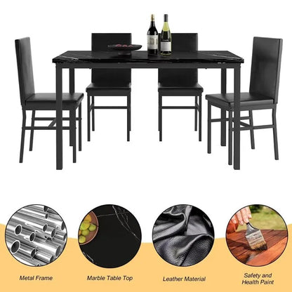 5-Piece Faux Marble Dining Set with 4 PU Chairs