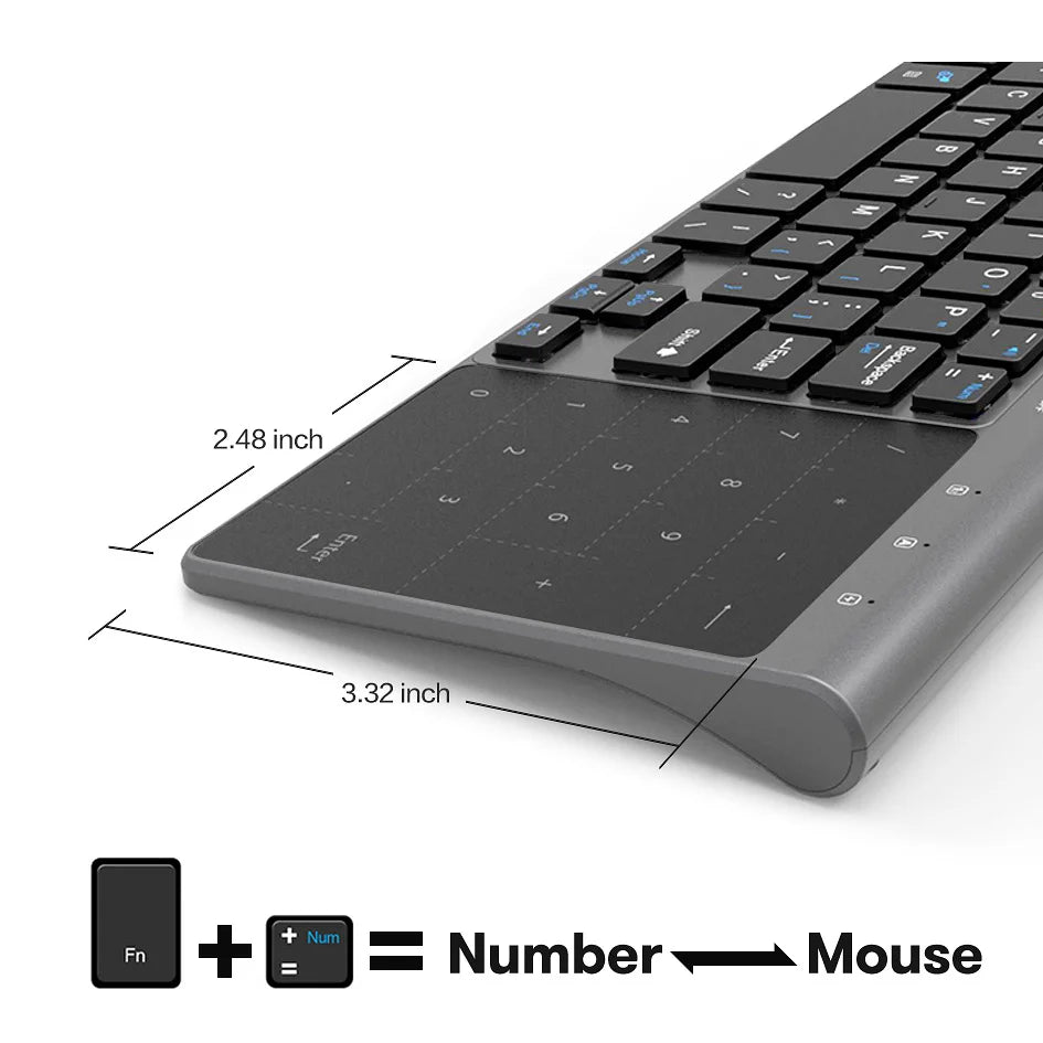 Schlanke kabellose Tastatur mit Touchpad für verschiedene Geräte