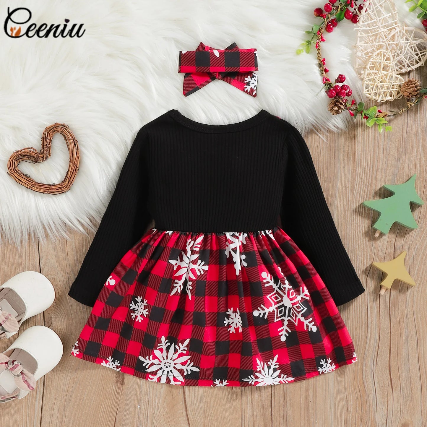 Snowflake Print Two-Piece Bow Baby Girl Dress