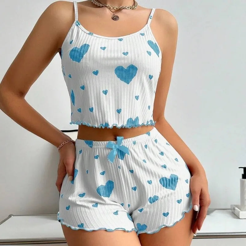 Knitted Love Printed Sweet Strap Women's Pajamas Set