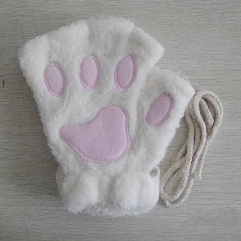 Cute Cat Paw Fingerless Plush Gloves - Warm & Fluffy