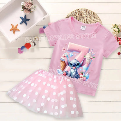 Kid's 2 Pcs Cartoon Number Print Round Neck T-shirt Dress