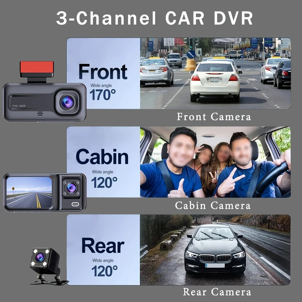 3-Channel 1080P Dash Cam with Rear View & Car DVR