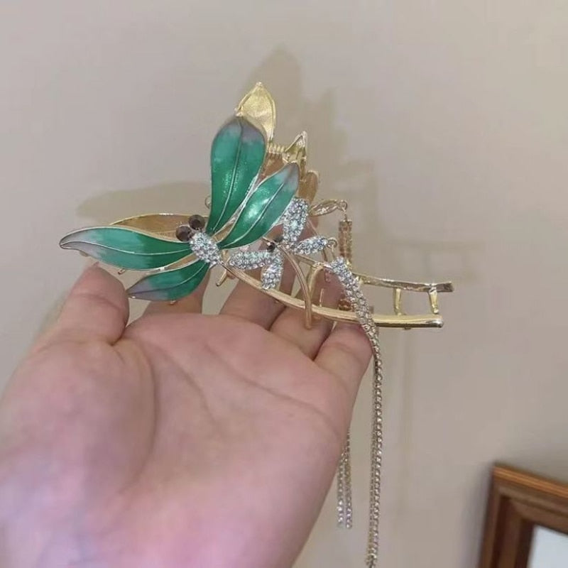 Hair Claw Dragonfly Butterfly Metal Rhinestone Tassel
