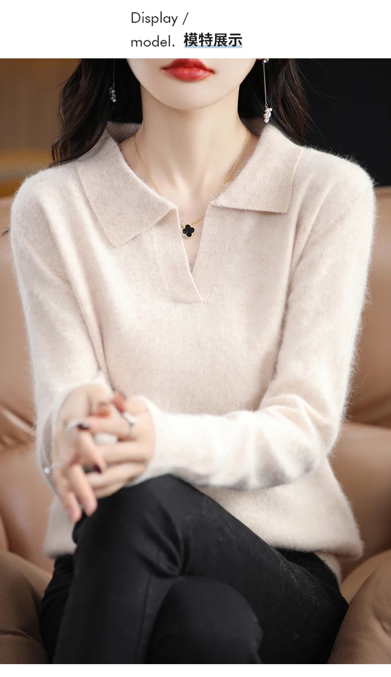 Pulls polo tricotés à manches longues en pur vison et cachemire pour femmes